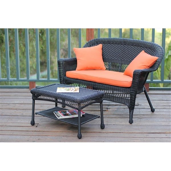 Jeco Black Wicker Patio Love Seat And Coffee Table Set With Orange Cushion W00207-LCS016